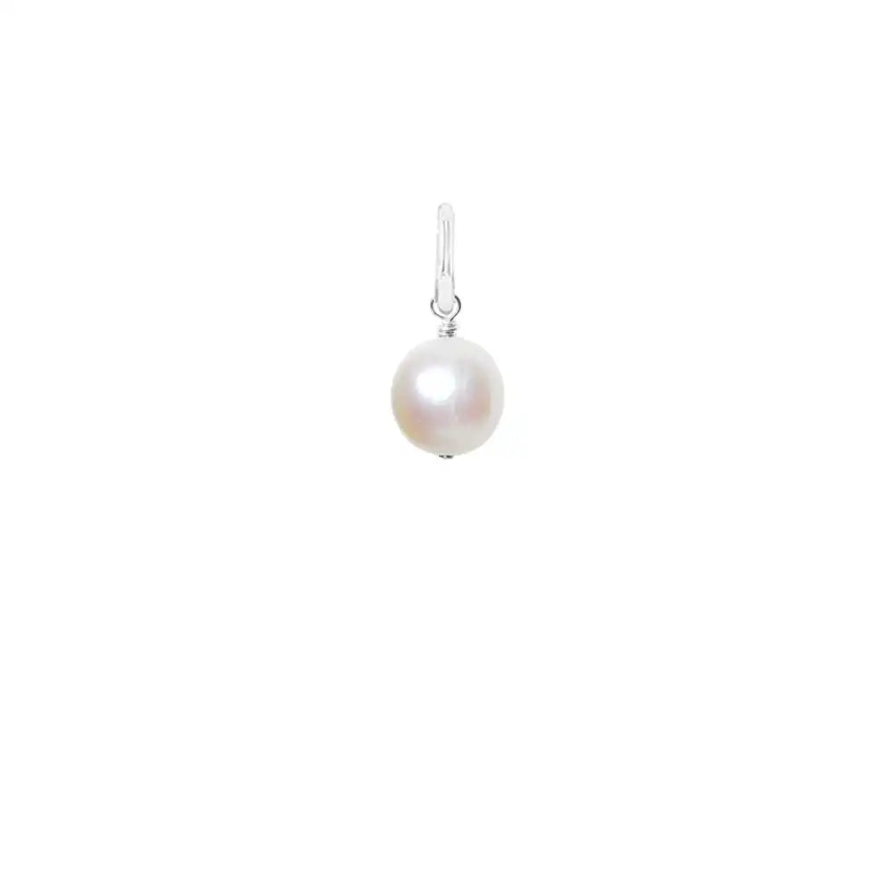 Glowing pearl briolette gemstone charm, 12mm, handcrafted with sterling silver wrap detail.