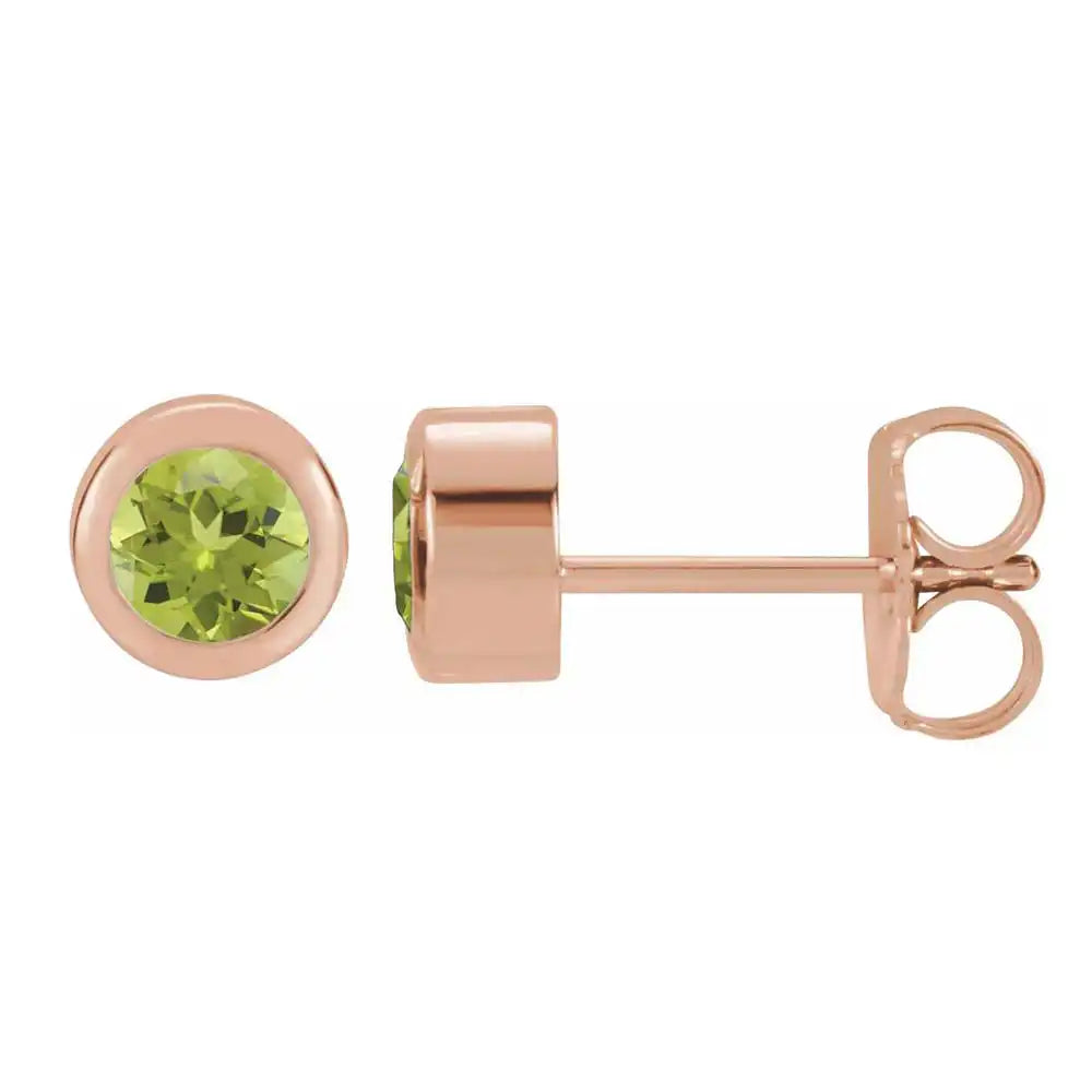 Peridot bezel stud earrings side view in 14K rose gold variant--14K-rose-gold