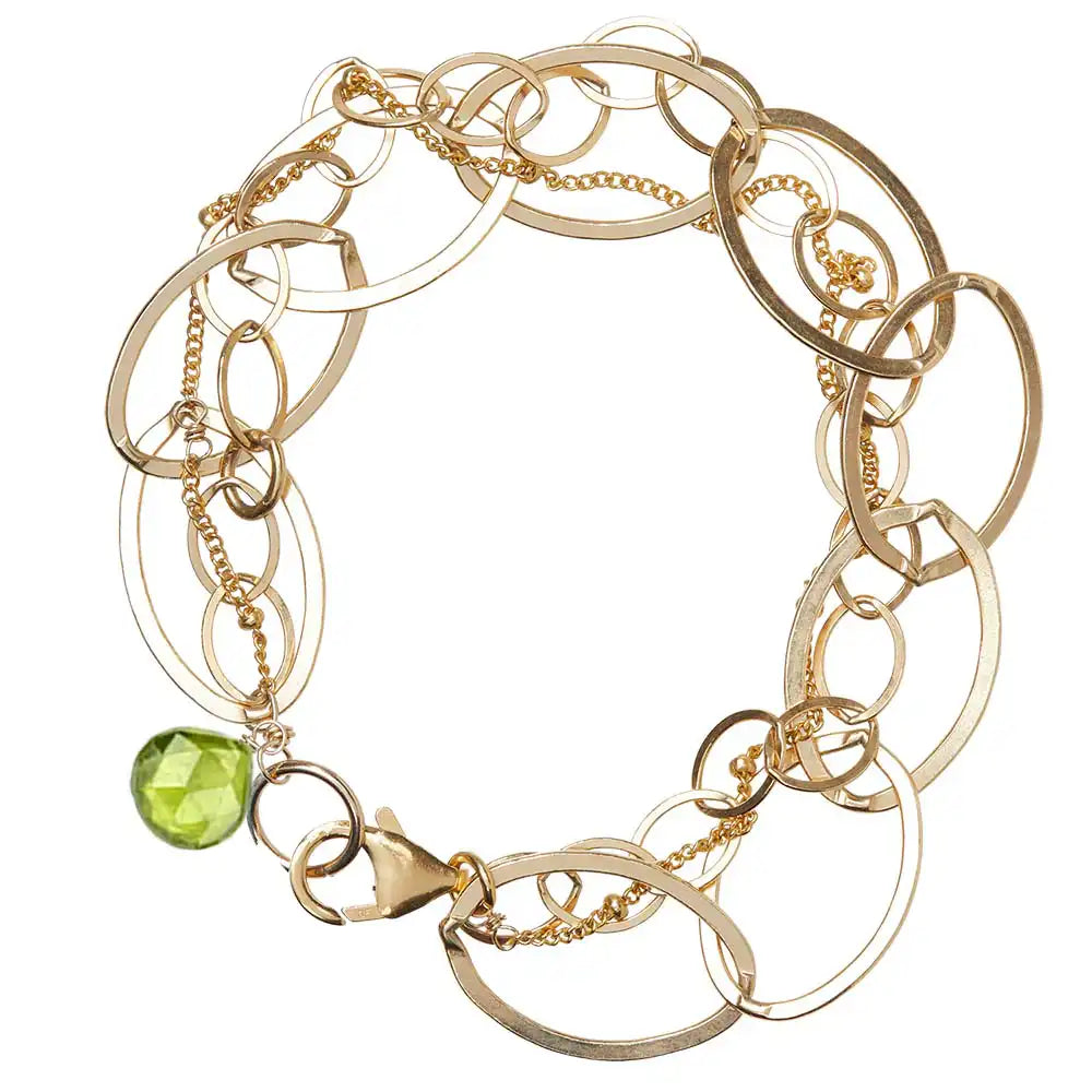 Natural peridot woven chain bracelet in 14K gold-fill, close-up of setting variant--Peridot variant--Gold-fill