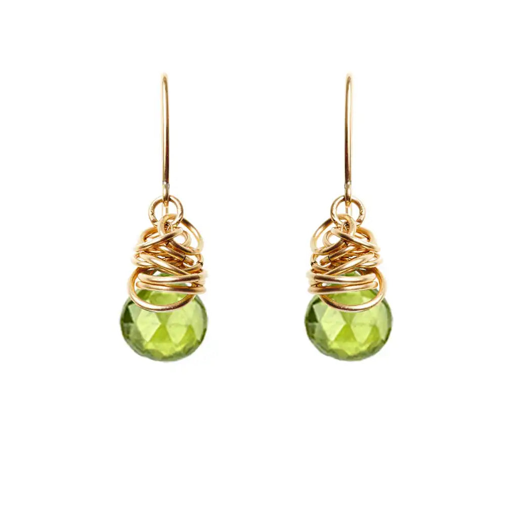Peridot dangle earrings in 14K gold-fill, warm gold setting with vivid lime-green peridot stone variant--Gold-fill variant--Peridot