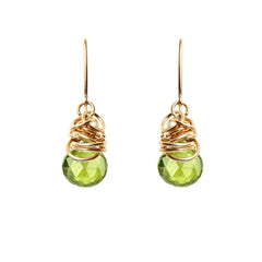 Peridot dangle earrings in 14K gold-fill, warm gold setting with vivid lime-green peridot stone