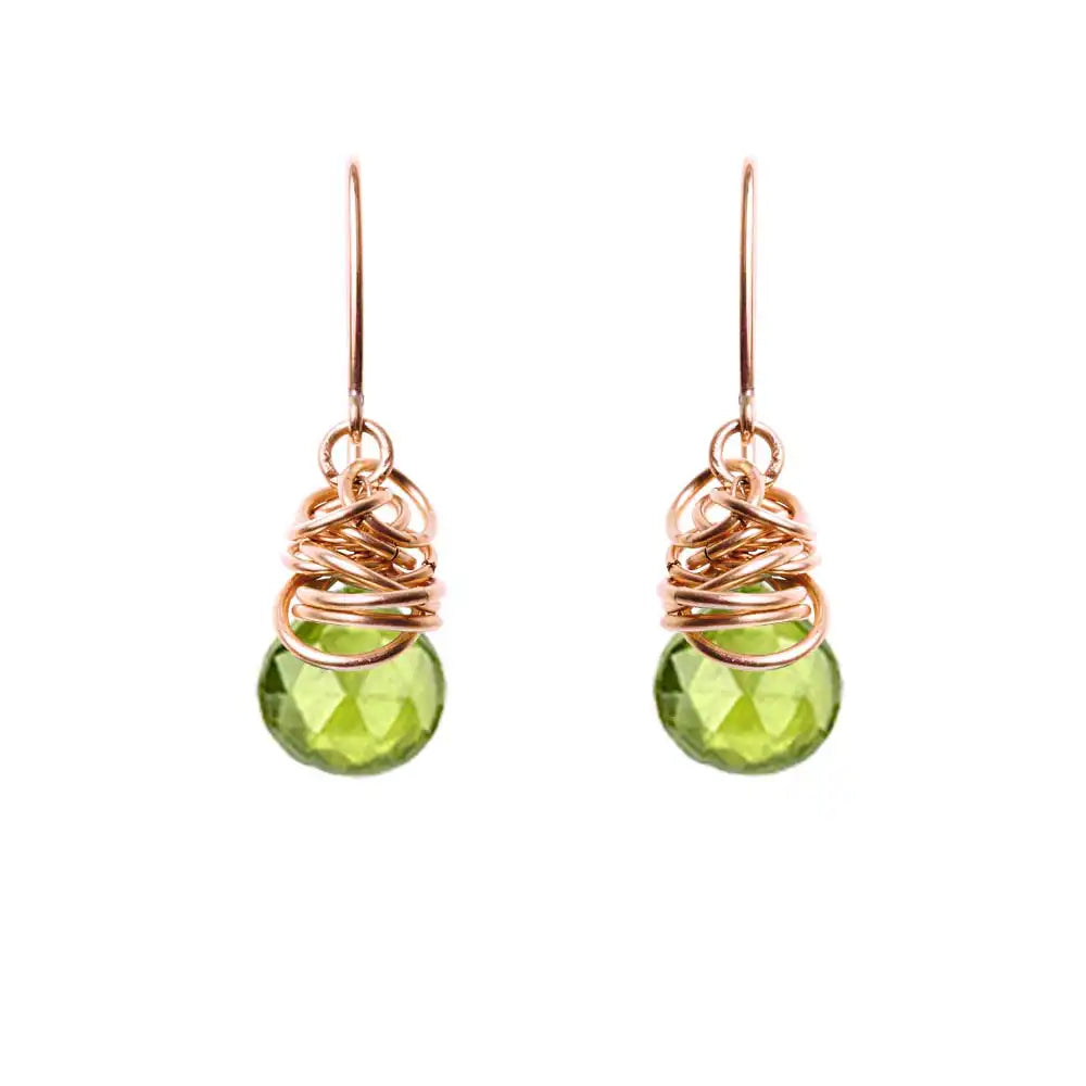 Peridot dangle earrings in rose gold-fill, blush metal setting with bright green peridot stone