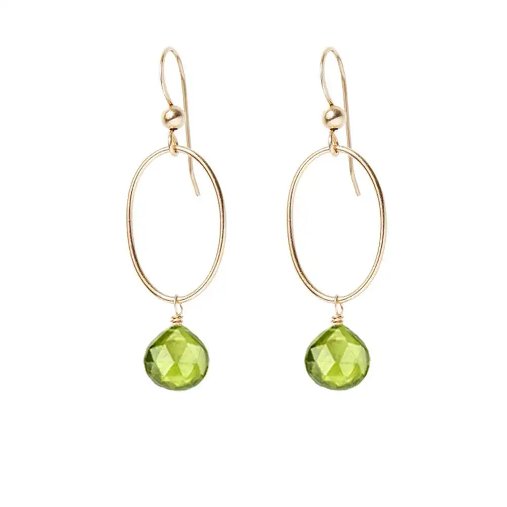 Peridot gemstone hoop earrings in 14K gold-fill, hand-cut bright lime green stone, handmade in the USA