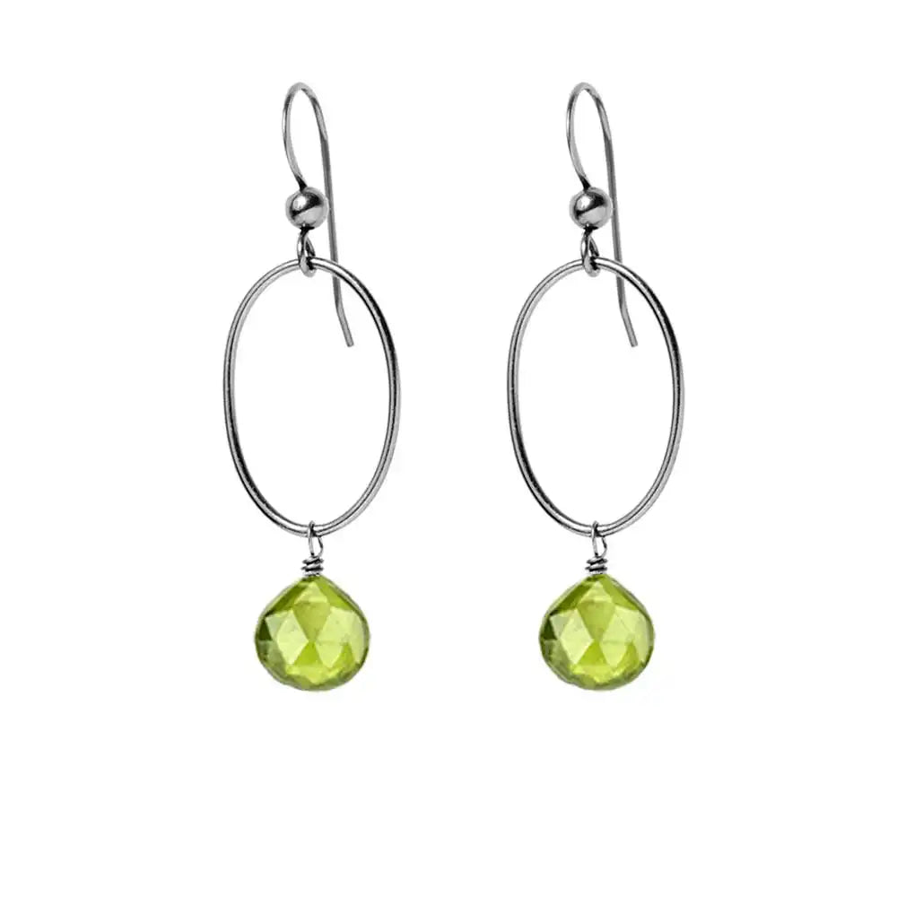 Peridot gemstone hoop earrings in oxidized silver, hand-cut bright lime green stone, handmade in the USA