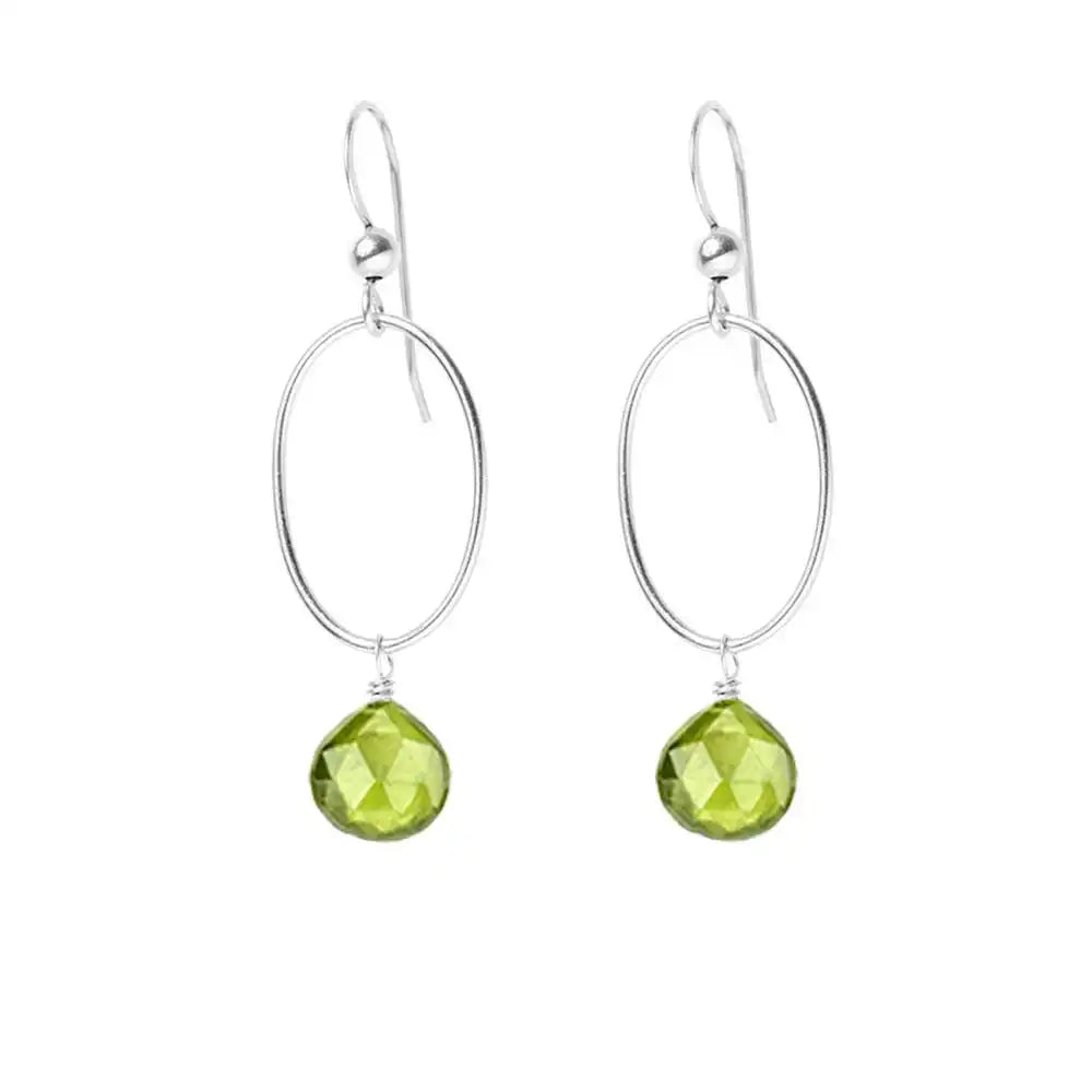 Peridot gemstone hoop earrings in sterling silver, hand-cut bright lime green stone, handmade in the USA