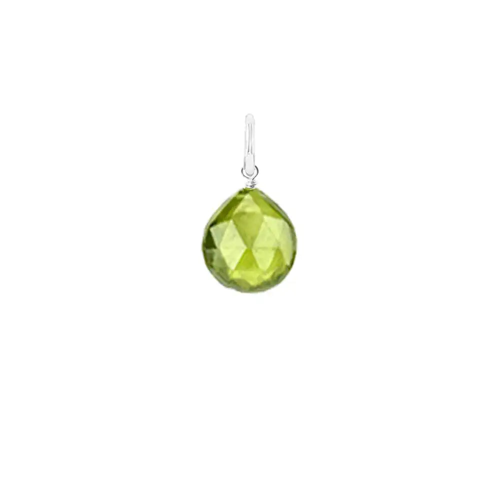 Natural peridot 11mm briolette charm in sterling silver, flat lay on neutral background variant--Peridot variant--Sterling-silver variant--Large