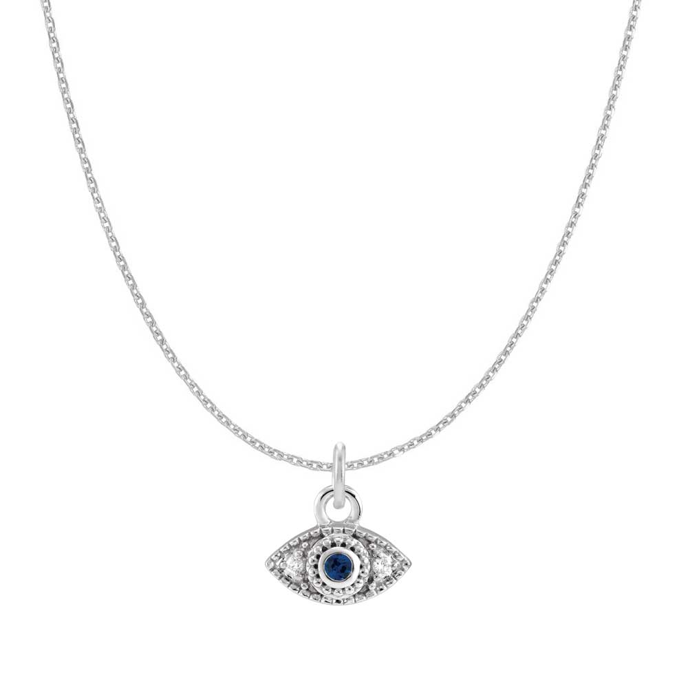 Mini evil eye necklace in 14K white gold with sapphire and diamond variant--Sapphire variant--14K-white-gold