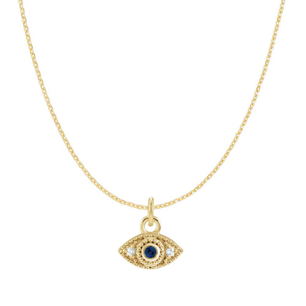 Mini evil eye necklace in 14K yellow gold with sapphire and diamond variant--Sapphire variant--14K-yellow-gold
