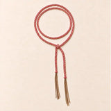 Pink braided chain and silk lariat necklace in 14K gold-fill, flat lay