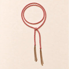 Pink braided chain and silk lariat necklace in 14K gold-fill, flat lay