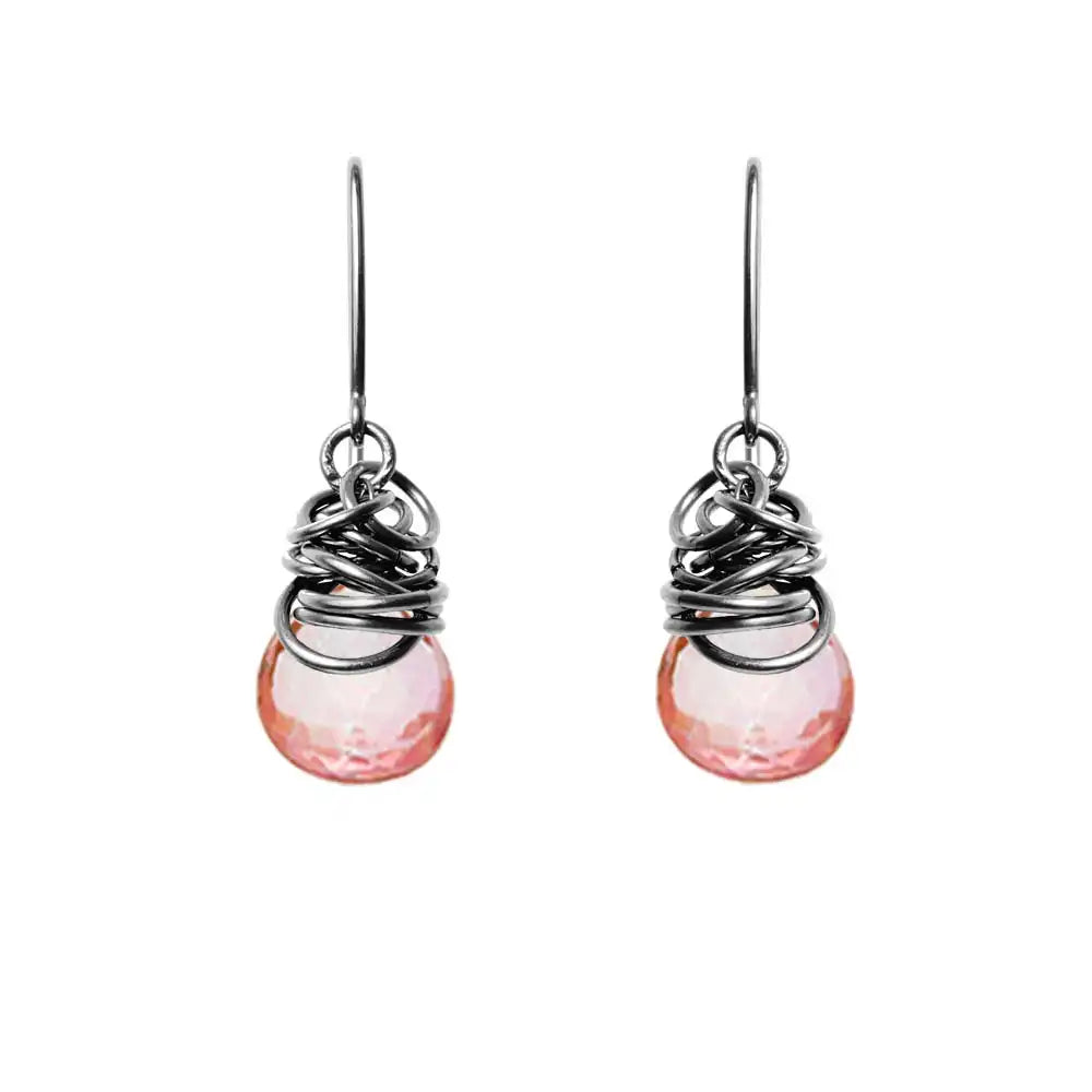 Pink topaz dangle earrings in oxidized sterling silver, dark setting with rosy pink topaz stone variant--Oxidized-sterling-silver