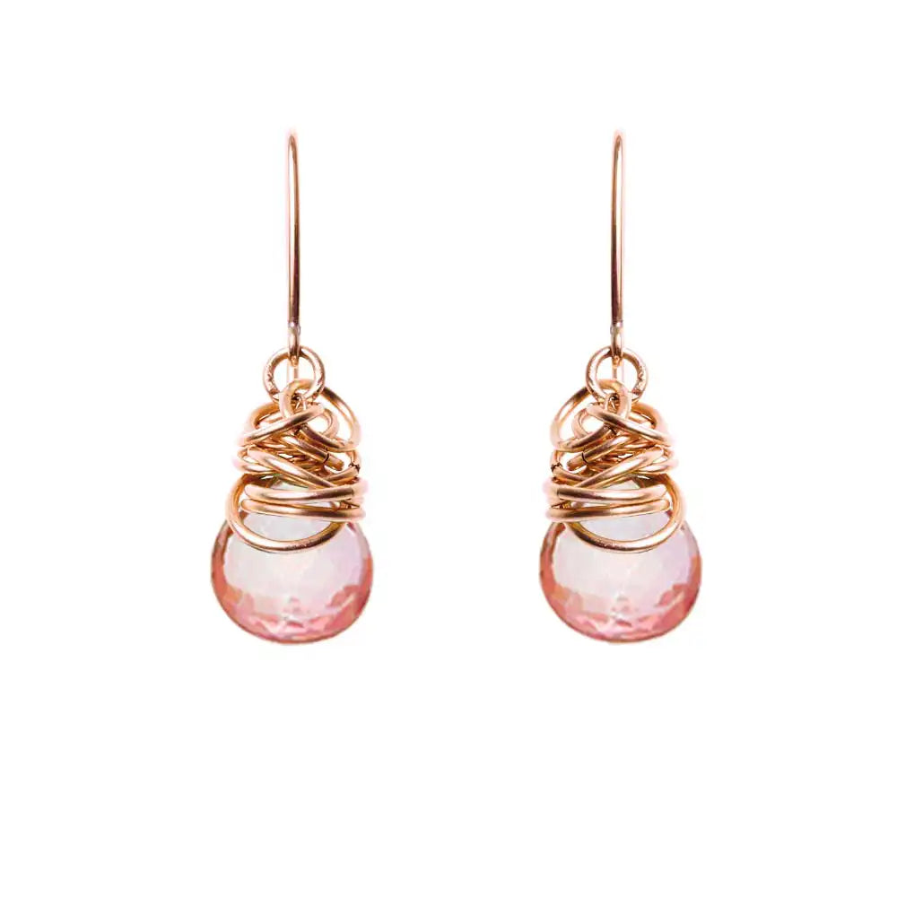 Pink topaz dangle earrings in rose gold-fill, blush metal with soft pink topaz stone, on model