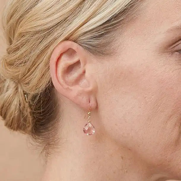 Drop earring in gold-fill shown on model. variant--Rose-Gold-fill, variant--Gold-fill, variant--Sterling-silver, variant--14K-yellow-gold, variant--14K-white-gold variant--Pink-Topaz, variant--Oxidized-sterling-silver