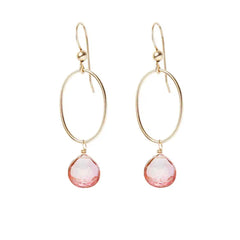 Pink Topaz gemstone hoop earrings in 14K gold-fill, hand-cut soft pink stone, handmade in the USA