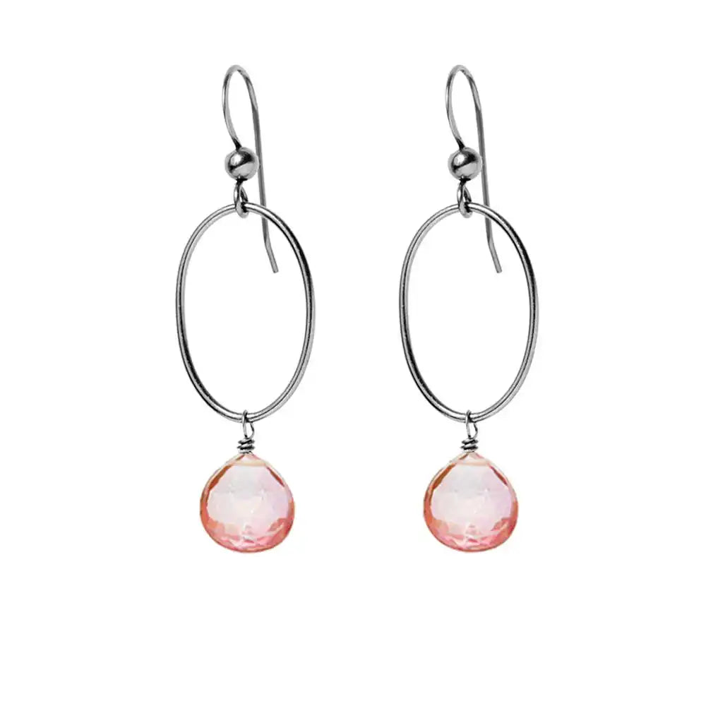 Pink Topaz gemstone hoop earrings in oxidized silver, hand-cut soft pink stone, handmade in the USA