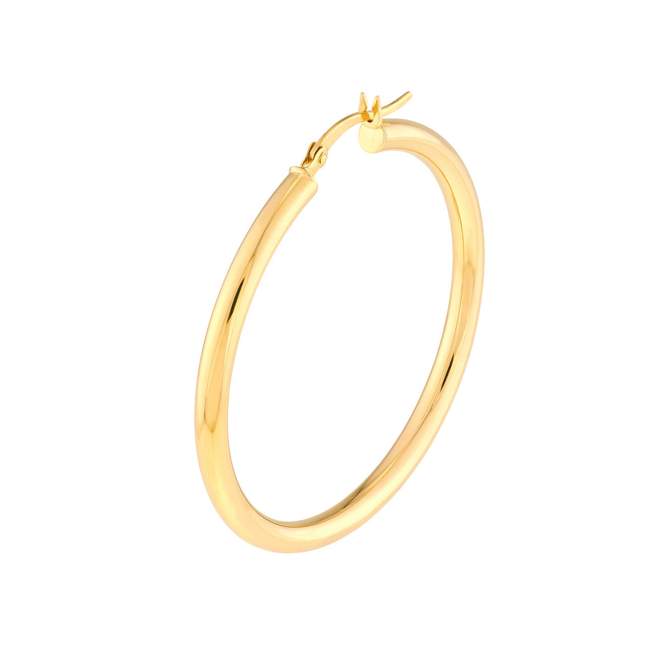 Side view of 3mm wide tube hoop earring with easy-on catch yellow gold yellow gold variant--40mm variant--10K-yellow-gold variant--14K-yellow-gold