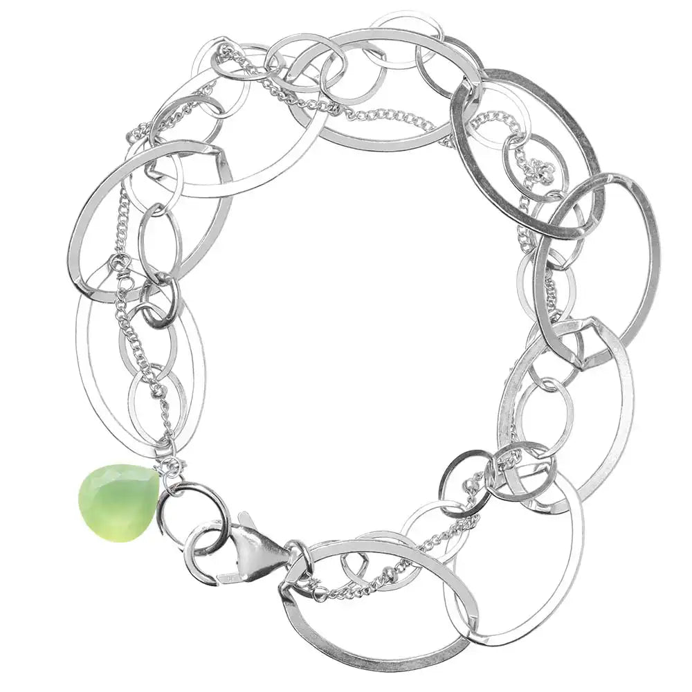 Natural prehnite woven chain bracelet in sterling silver, side view detail silver variant--Sterling-silver