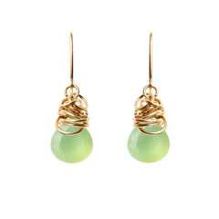 Prehnite dangle earrings in 14K gold-fill, translucent sage-green stone in warm gold bezel setting