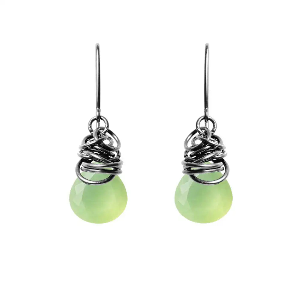 Prehnite dangle earrings in oxidized sterling silver, sage-green stone in dark patina bezel variant--Oxidized-sterling-silver