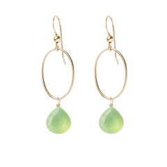Prehnite gemstone hoop earrings in gold-fill, hand-cut glowing green stone, handmade in the USA