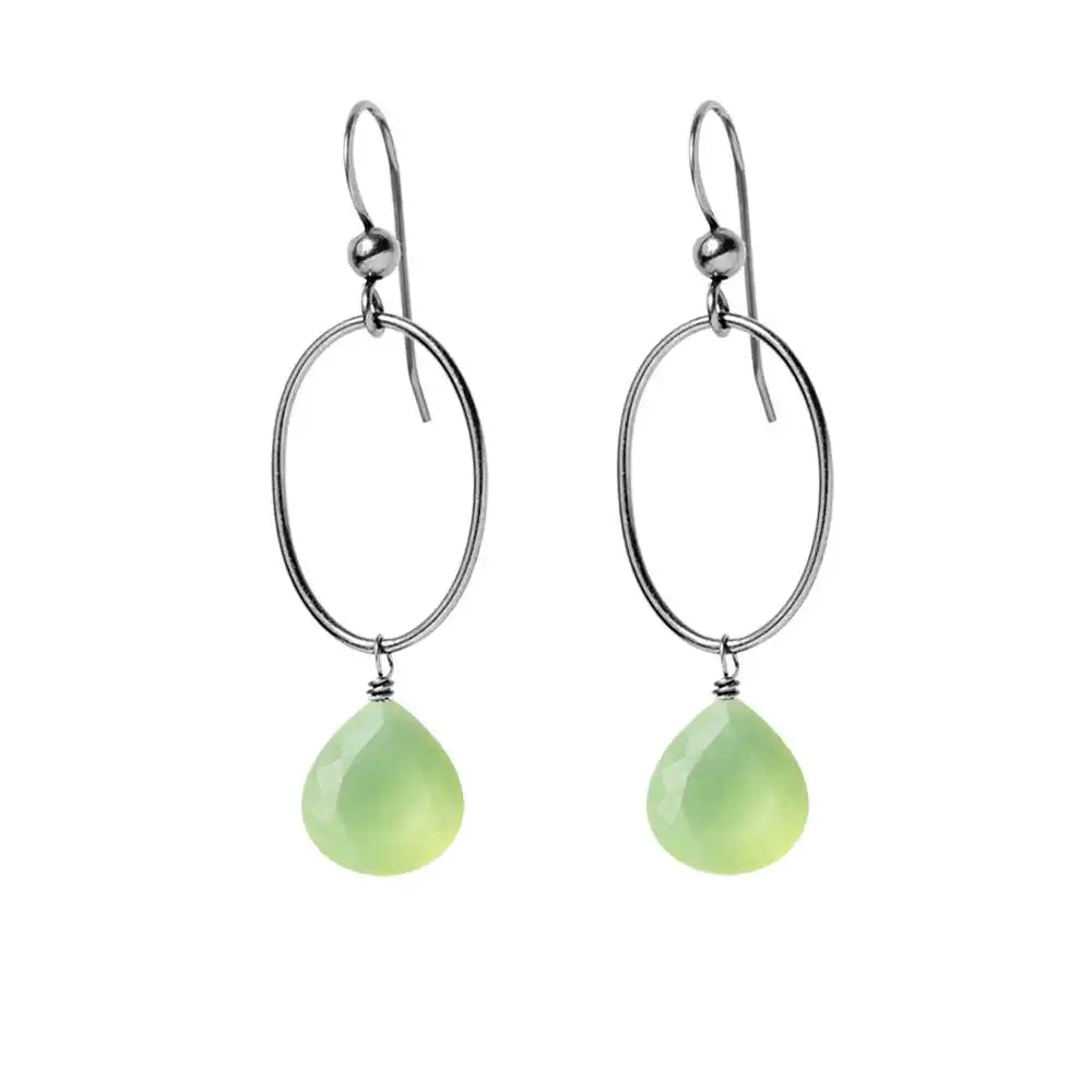 Prehnite gemstone hoop earrings in oxidized silver, hand-cut glowing green stone, handmade in the USA variant--Oxidized-sterling-silver
