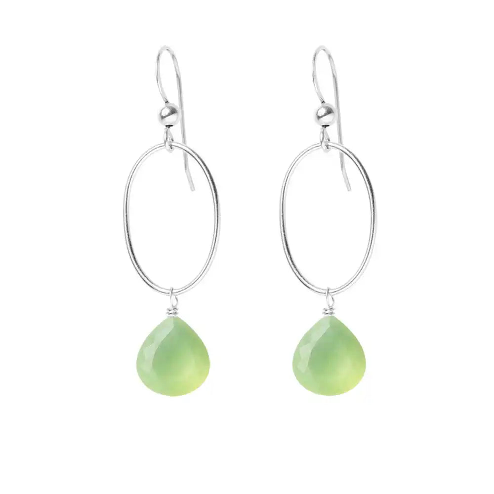 Prehnite gemstone hoop earrings in silver, hand-cut glowing green stone, handmade in the USA variant--Sterling-silver