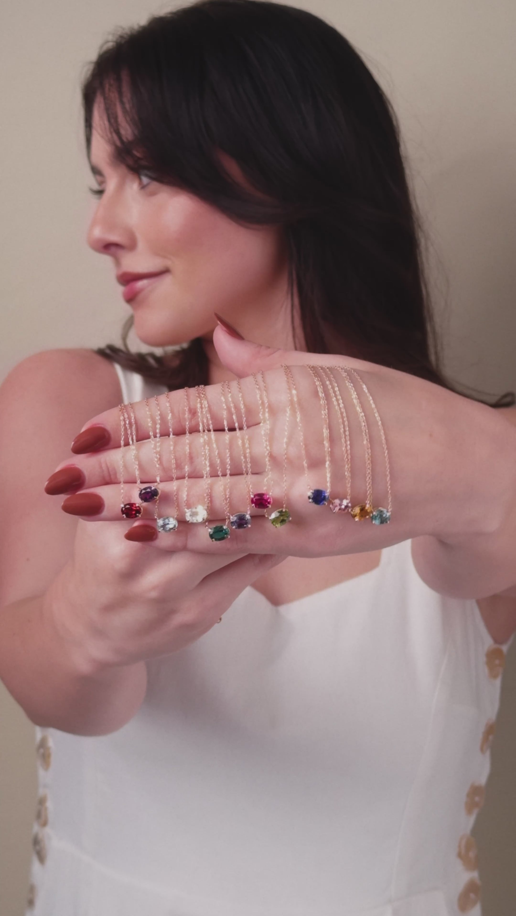 Movie featuring east-west oval birthstone necklaces in all 12 birthstones variant--14K-yellow-gold