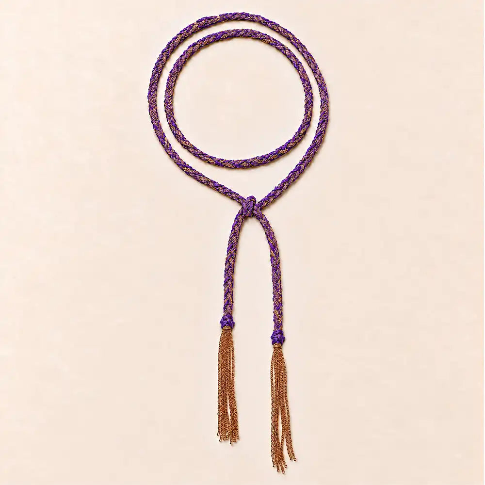 Purple braided chain and silk lariat necklace in 14K gold-fill, flat lay
