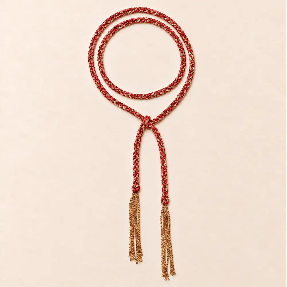 Red braided chain and silk lariat necklace in 14K gold-fill, flat lay