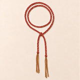 Red braided chain and silk lariat necklace in 14K gold-fill, flat lay