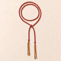 Red braided chain and silk lariat necklace in 14K gold-fill, flat lay