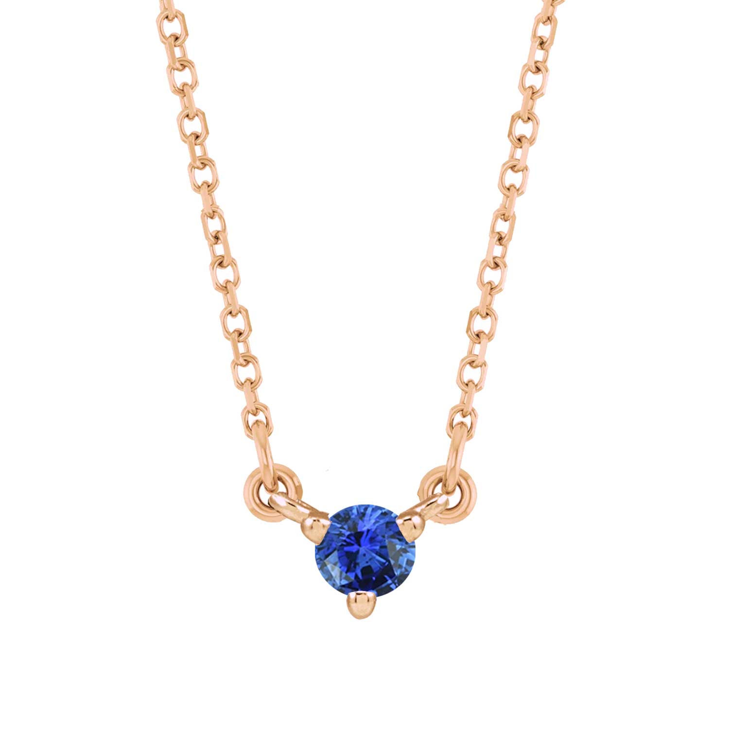 Minimalist 14K gold necklace with a small round sapphire gemstone pendant.