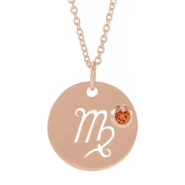 14K rose gold zodiac charm necklace for Virgo, paired with a natural gemstone. variant--14K-rose-gold