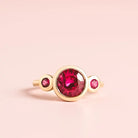 Three stone ruby cocktail ring in recycled 10K gold