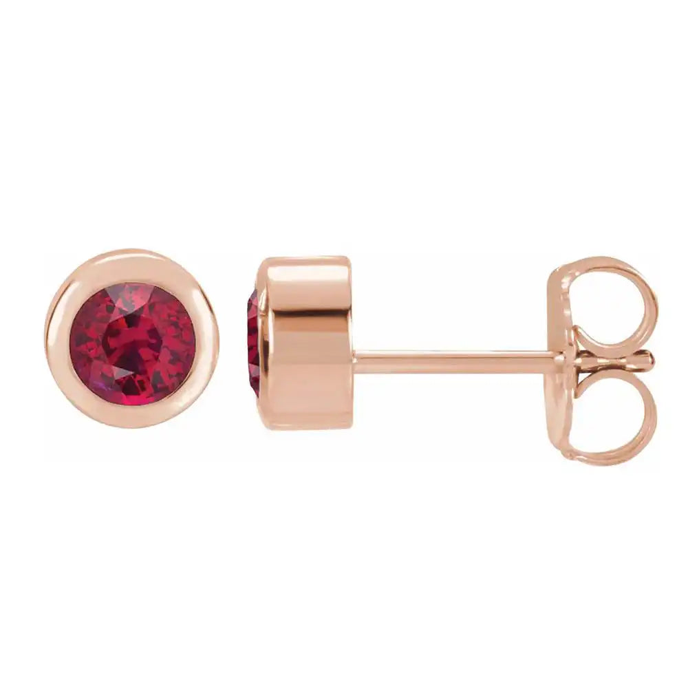 Ruby bezel stud earrings side view in 14K rose gold variant--14K-rose-gold