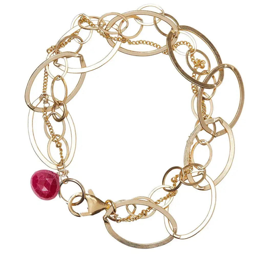 Natural ruby woven chain bracelet in 14K gold-fill, close-up of setting variant--Ruby variant--Gold-fill