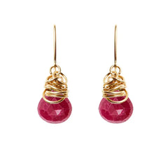 Ruby dangle earrings in 14K gold-fill, warm gold setting with vivid red ruby gemstone