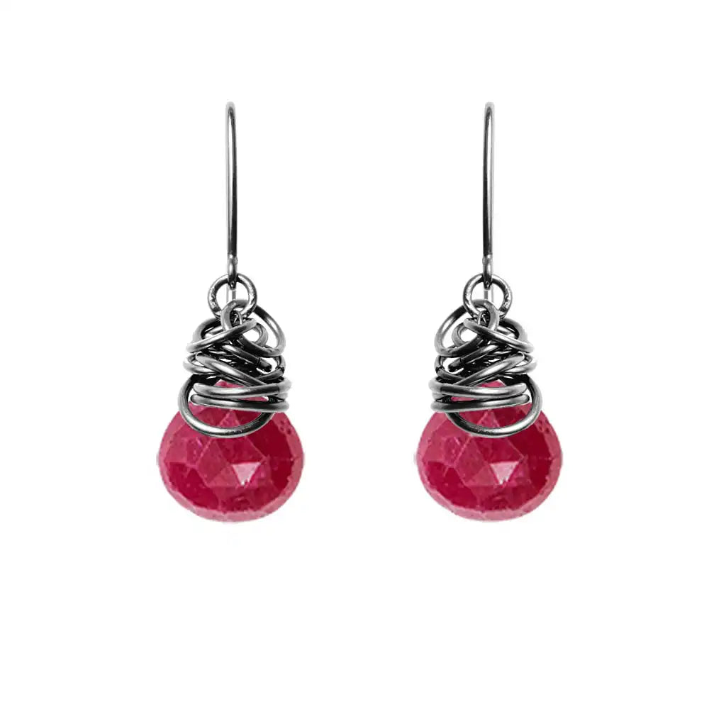 Ruby dangle earrings in oxidized sterling silver, dark patina setting with saturated red ruby variant--Oxidized-sterling-silver