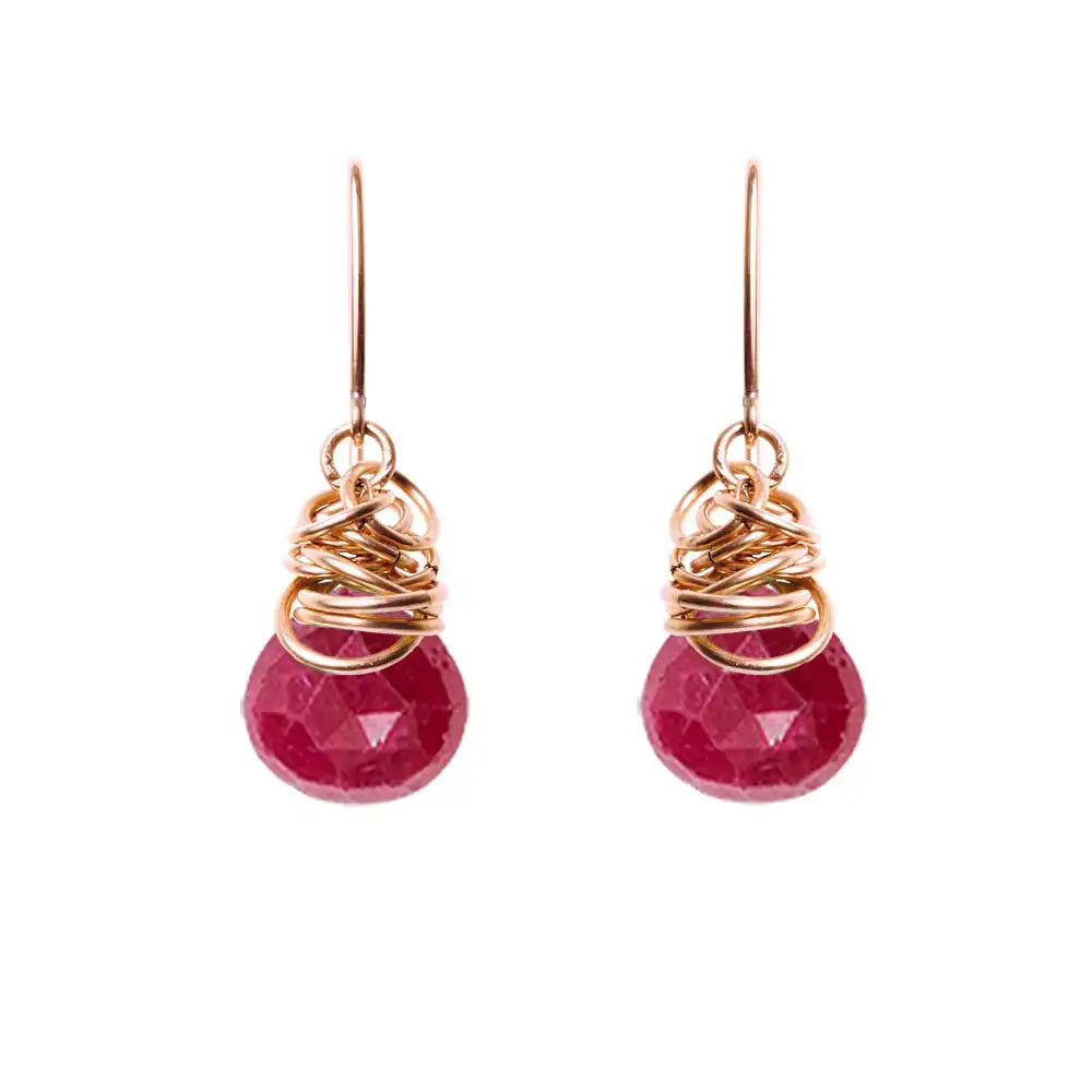 Ruby dangle earrings in rose gold-fill, blush metal with bold deep red ruby stone variant--Rose-Gold-fill