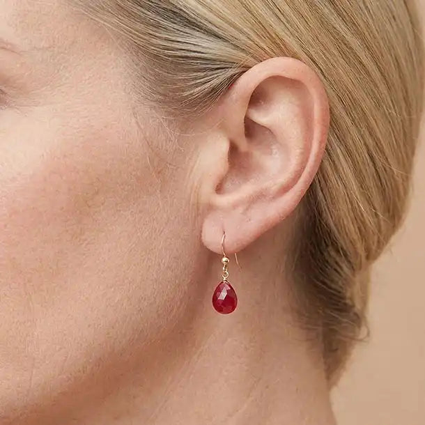 Drop earring in gold-fill shown on model. variant--Gold-fill, variant--Sterling-silver, variant--14K-yellow-gold, variant--14K-white-gold variant--Ruby