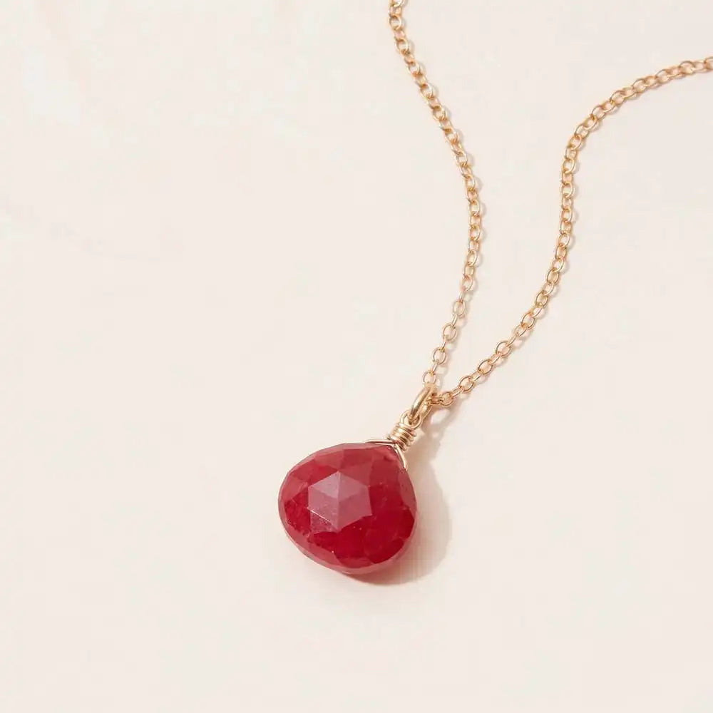 Ruby drop necklace in gold-fill, genuine ruby pendant