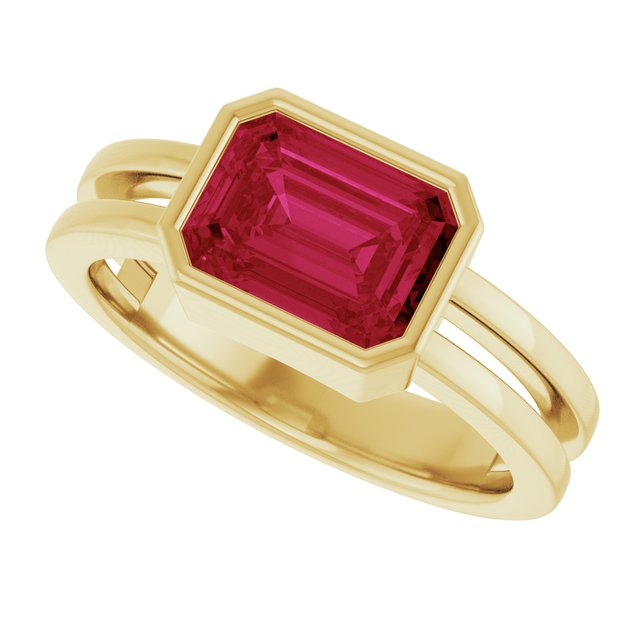 Ruby emerald-cut cocktail ring in 14K yellow gold, statement gemstone ring