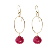 Ruby gemstone hoop earrings in 14K gold-fill, hand-cut vivid red stone, handmade in the USA