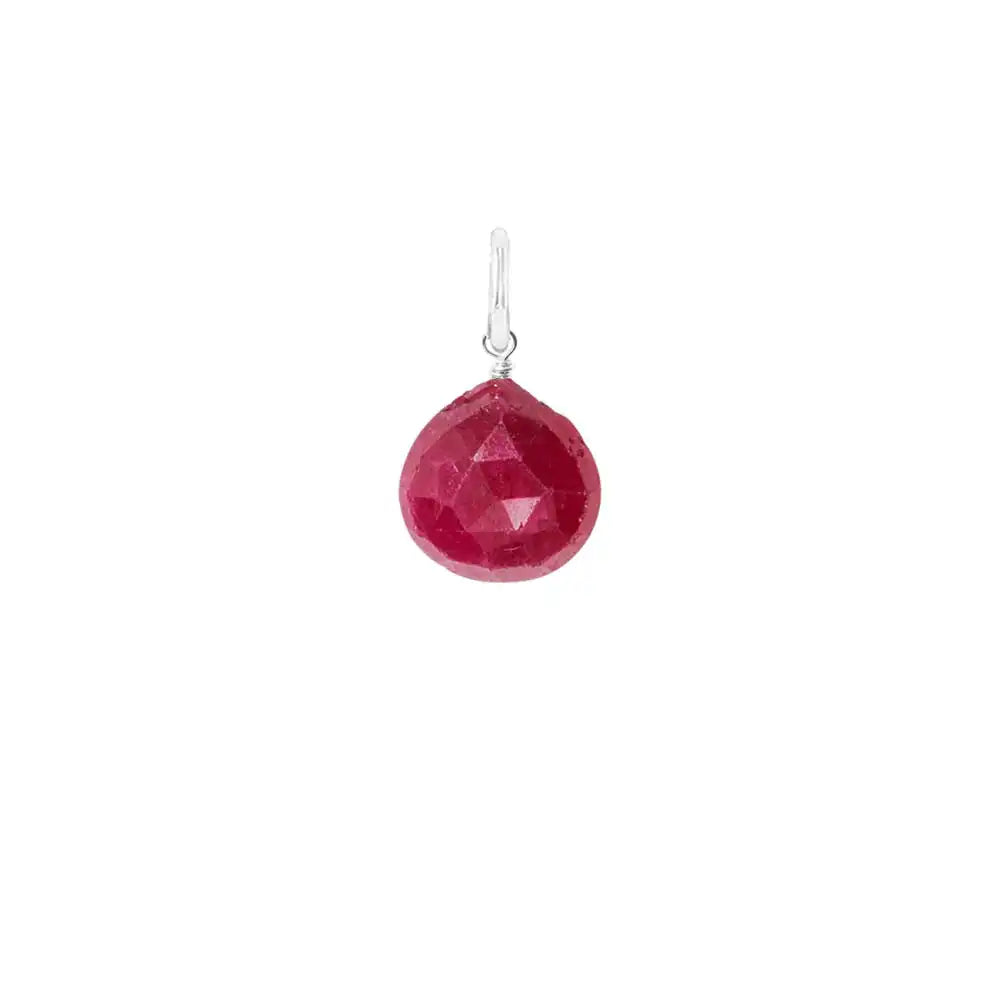 Natural ruby 11mm briolette charm in sterling silver, flat lay on neutral background variant--Ruby variant--Sterling-silver variant--Large