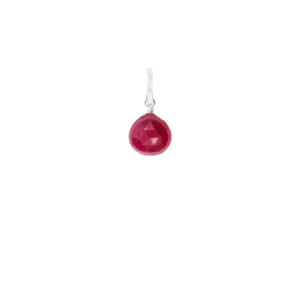 Ruby briolette charm in sterling silver, teardrop gemstone close-up variant--Ruby variant--Sterling-silver variant--Small