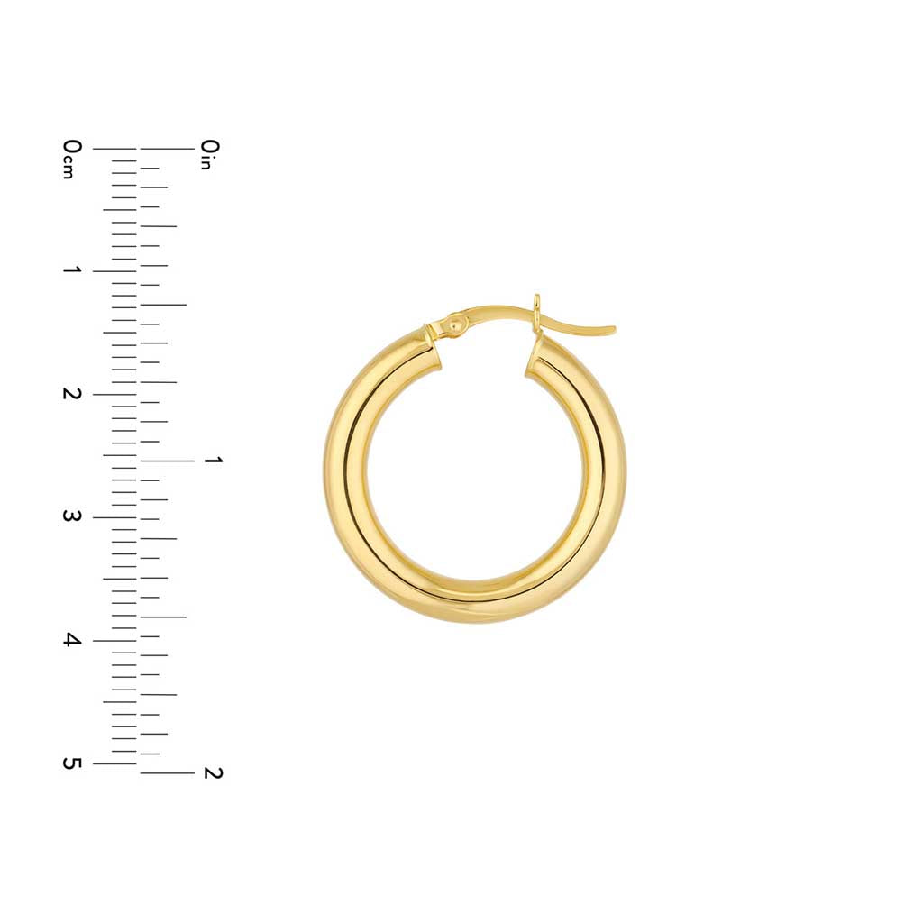 4mm gold tube hoop earrings 25mm in 14K yellow gold with ruler for scale variant--14K-yellow-gold variant--25mm