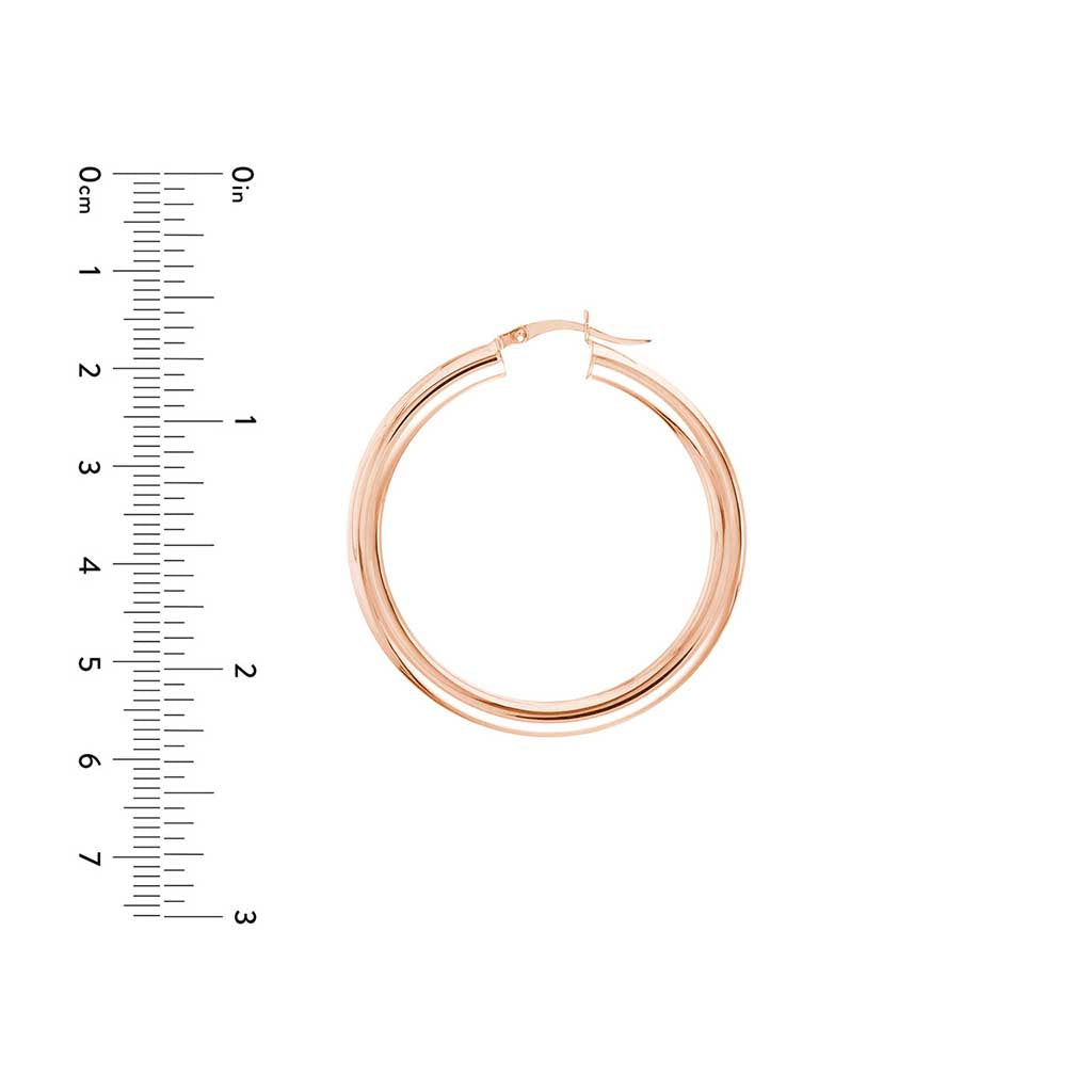 4mm gold tube hoop earrings 40mm in 14K rose gold with ruler for scale variant--14K-rose-gold variant--40mm