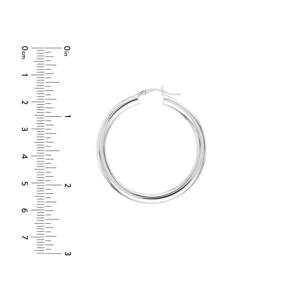 4mm gold tube hoop earrings 40mm in 14K white gold with ruler for scale variant--14K-white-gold variant--40mm