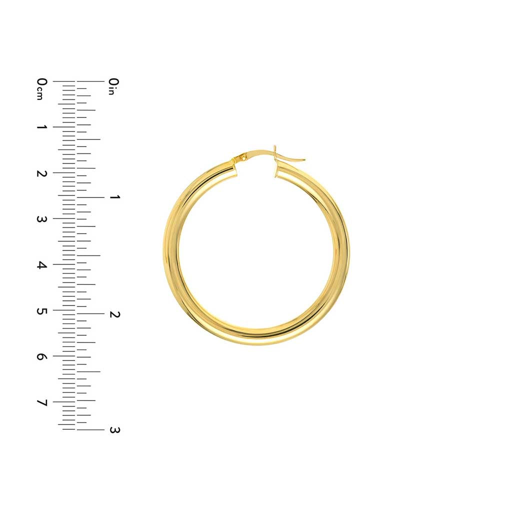 4mm gold tube hoop earrings 40mm in 14K yellow gold with ruler for scale variant--14K-yellow-gold variant--40mm