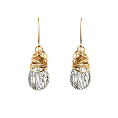 Rutilated quartz dangle earrings in 14K gold-fill, clear crystal with golden needle inclusions in warm gold bezel